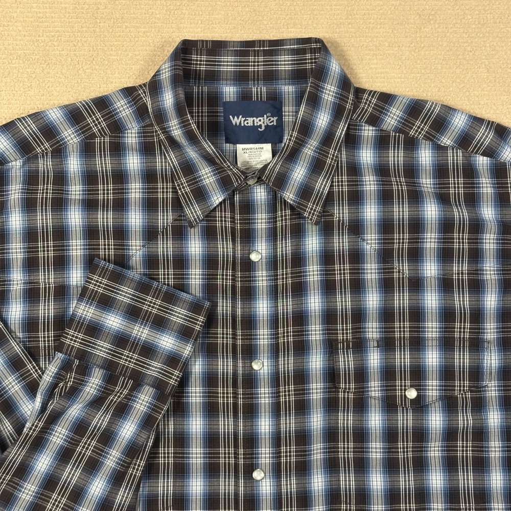 Wrangler Western Pearl Snap Shirt Mens XL Blue Brown Plaid Long Sleeve Rodeo